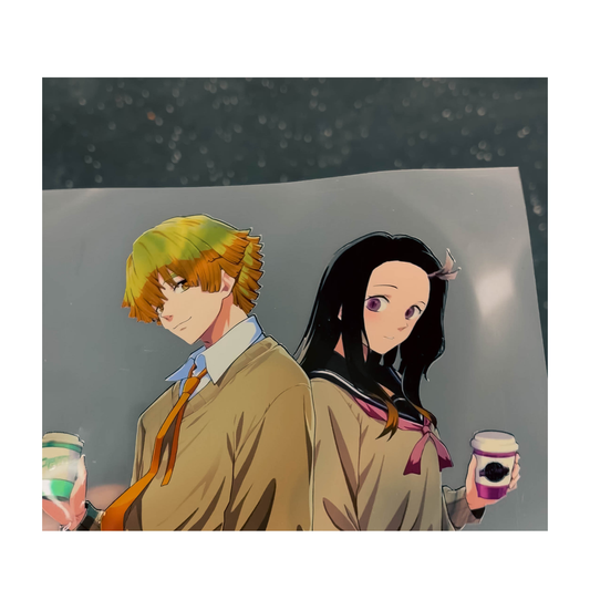Nezuko x Zenitsu Coffee Chrome Holo Kiss cut Sticker