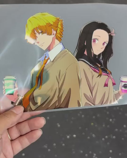 Nezuko x Zenitsu Coffee Chrome Holo Kiss cut Sticker